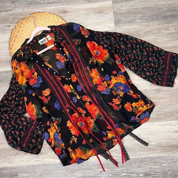 Chicos mixed media art to wear floral abstract funky blouse - Picture 2 of 7